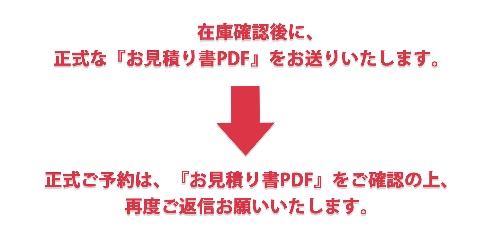 お見積りの内容確認後に、担当より正式な『お見積り書PDF』をお送りいたします。正式ご予約は、『お見積り書PDF』をご確認の上、再度ご返信お願いいたします。